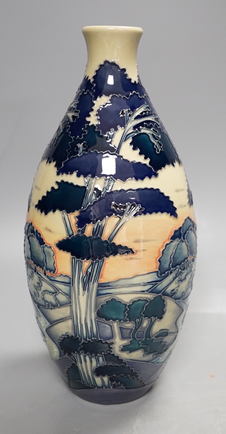 A Moorcroft 'trees in a landscape' trial vase, boxed, 23cms high.